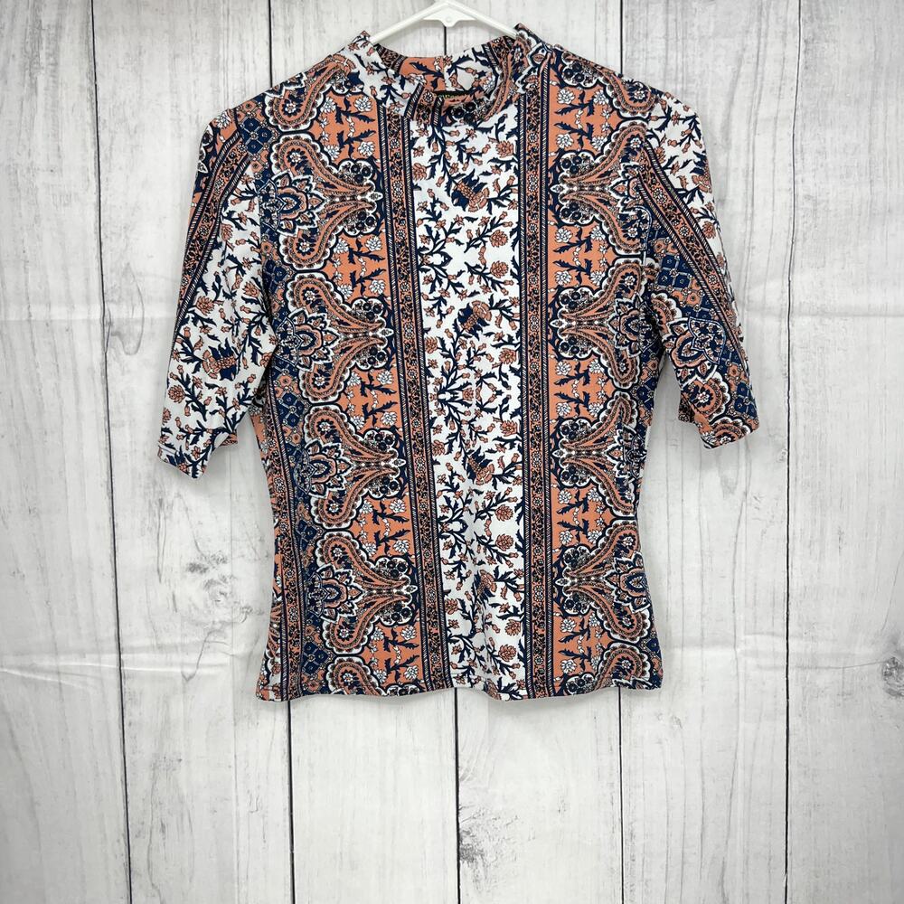 Y2K VINTAGE Beware LARGE White Orange Floral Microfiber Crop Mock Neck Top Shirt